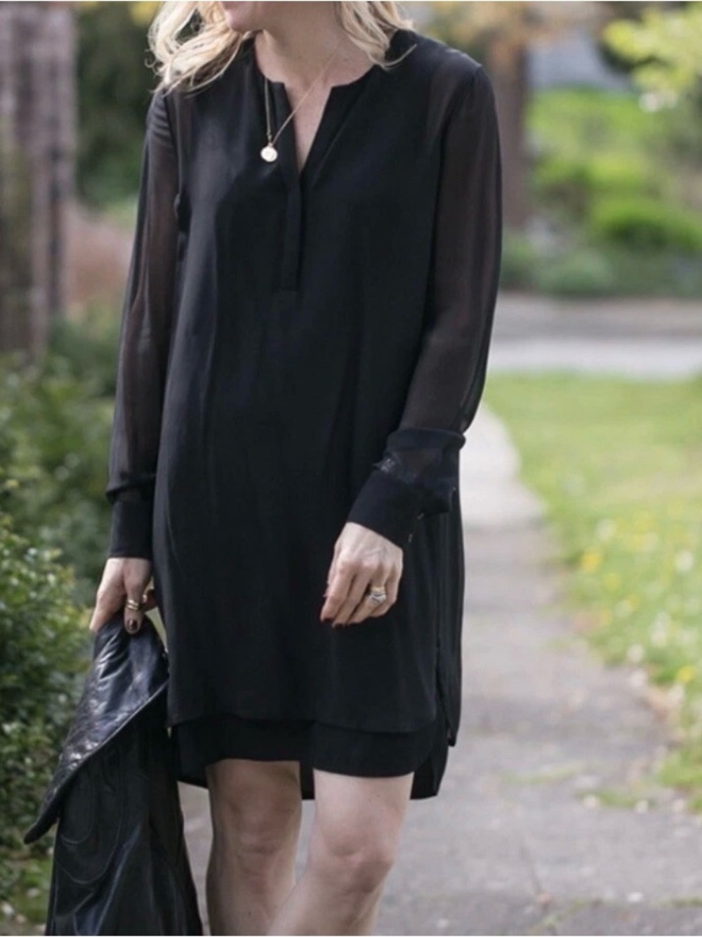Vince Black Silk Long Sleeve Shirt Dress Tunic Size 2 V neck 1308